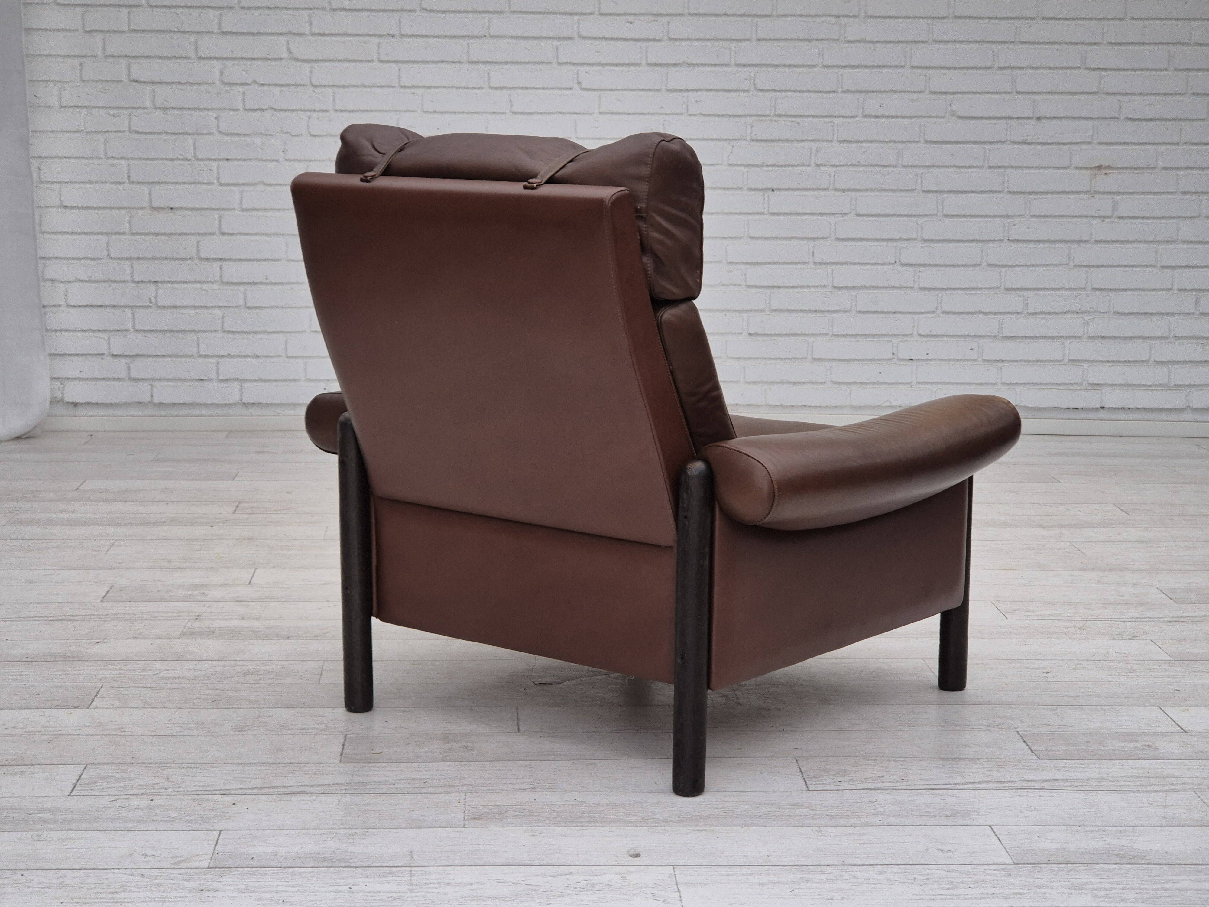 1970s, Danish armchair, original condition, furniture leather, dark oak wood.