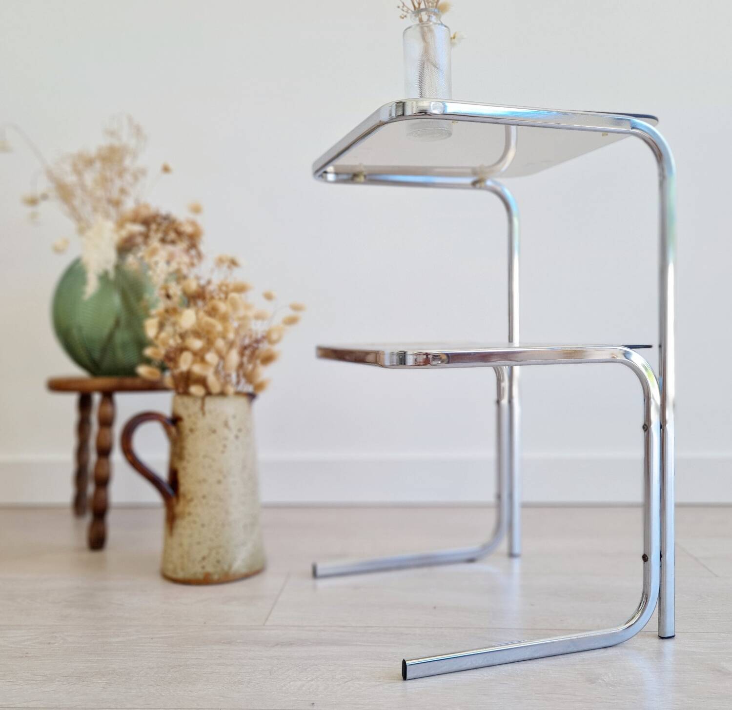 Side table - chrome and smoked glass table - vintage design