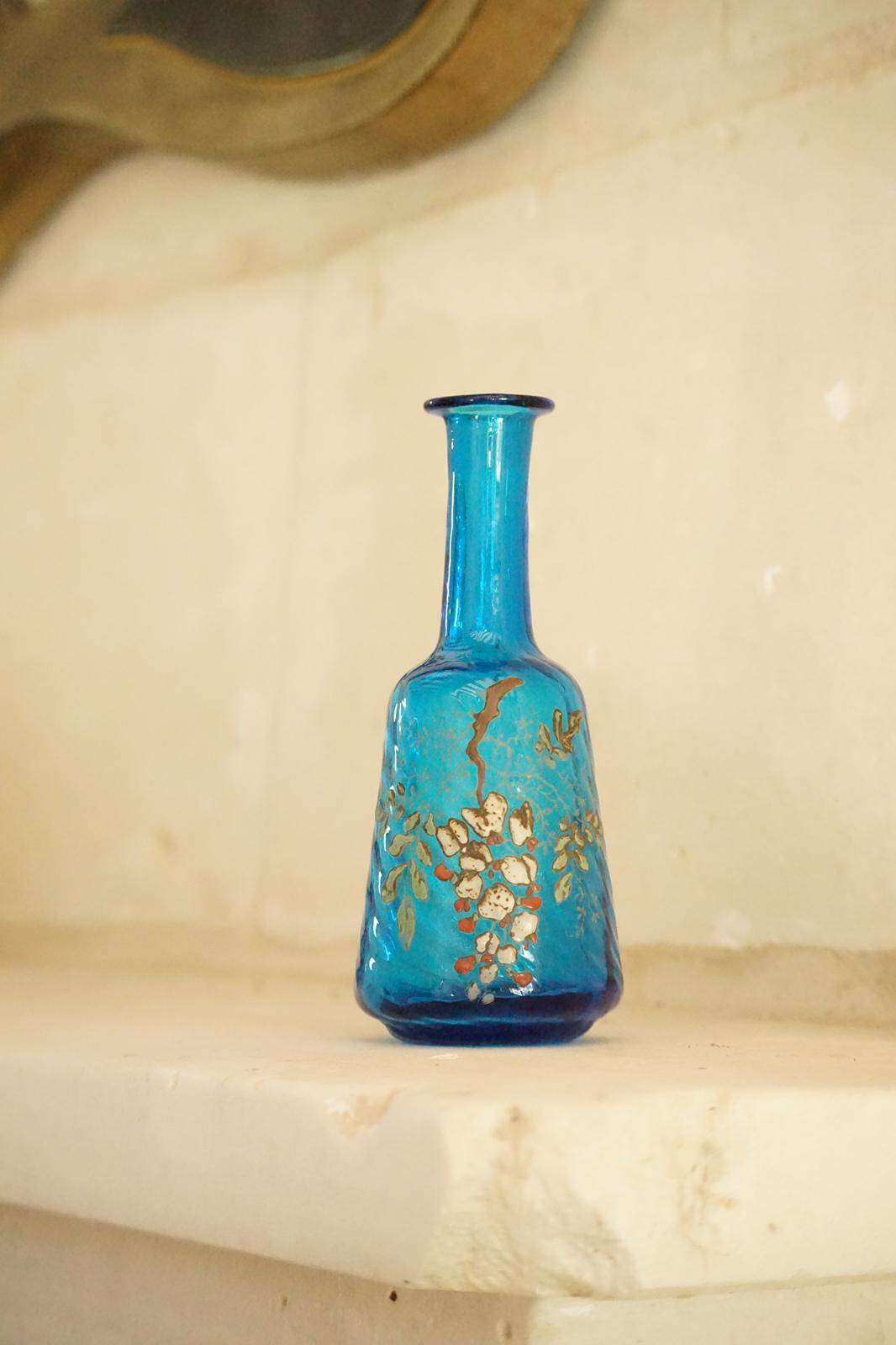 Legras glass carafe in blue enamel with a wisteria design.