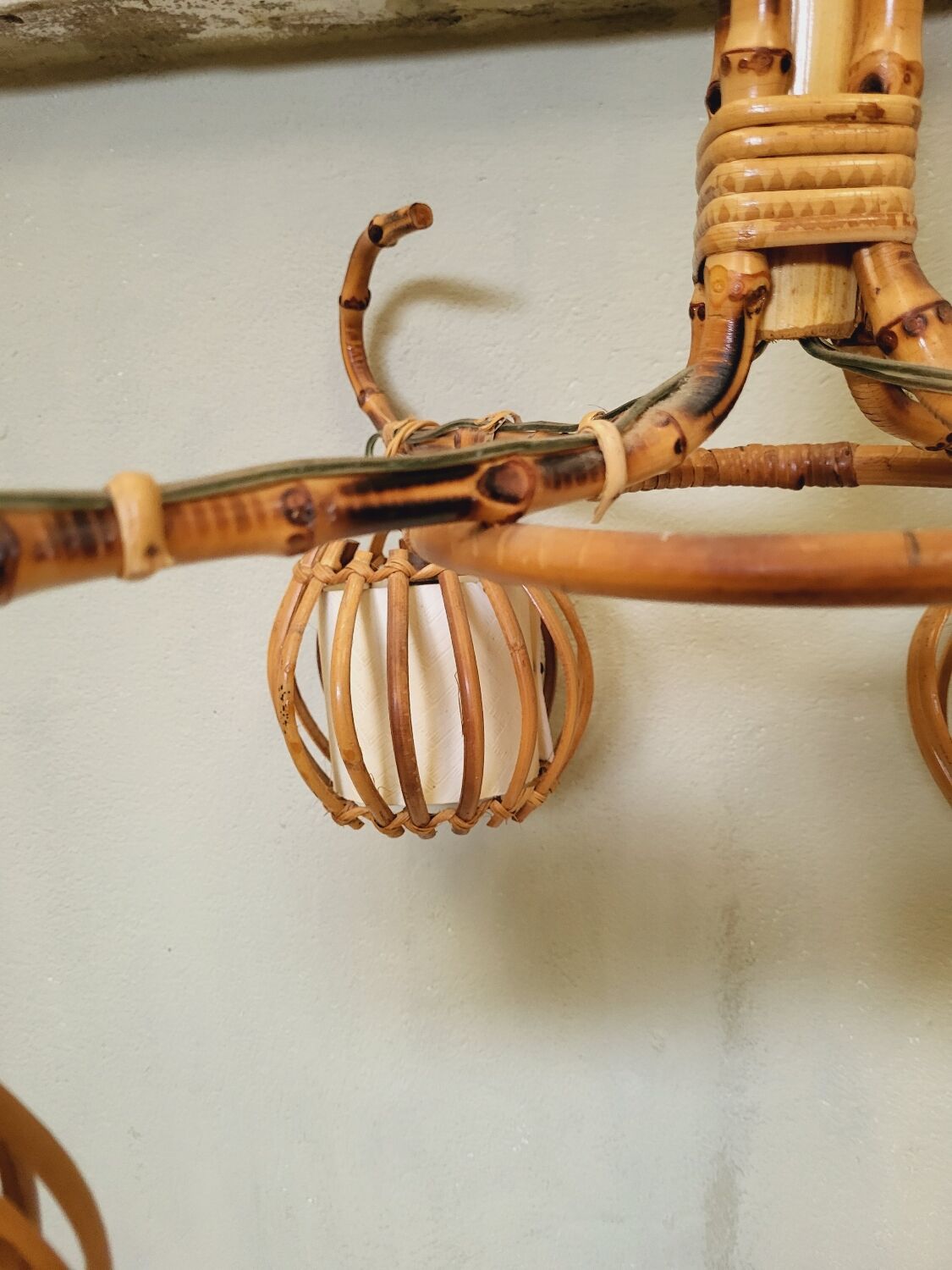 Vintage rattan chandelier 60s 4 branches