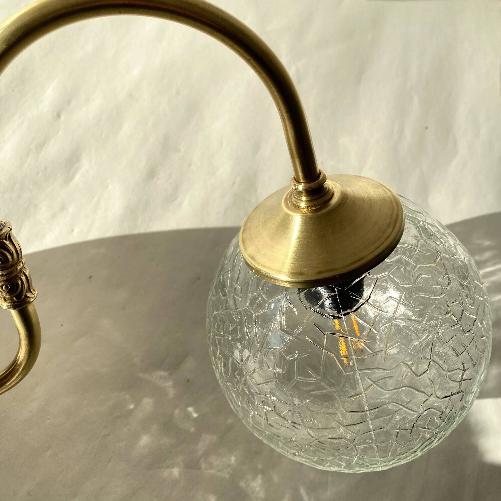 Large pair of brass swan neck wall lights with cracked glass globes LAMP-7359