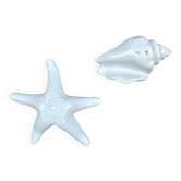 Set of shell and starfish salt and pepper shakers in white ceramic.