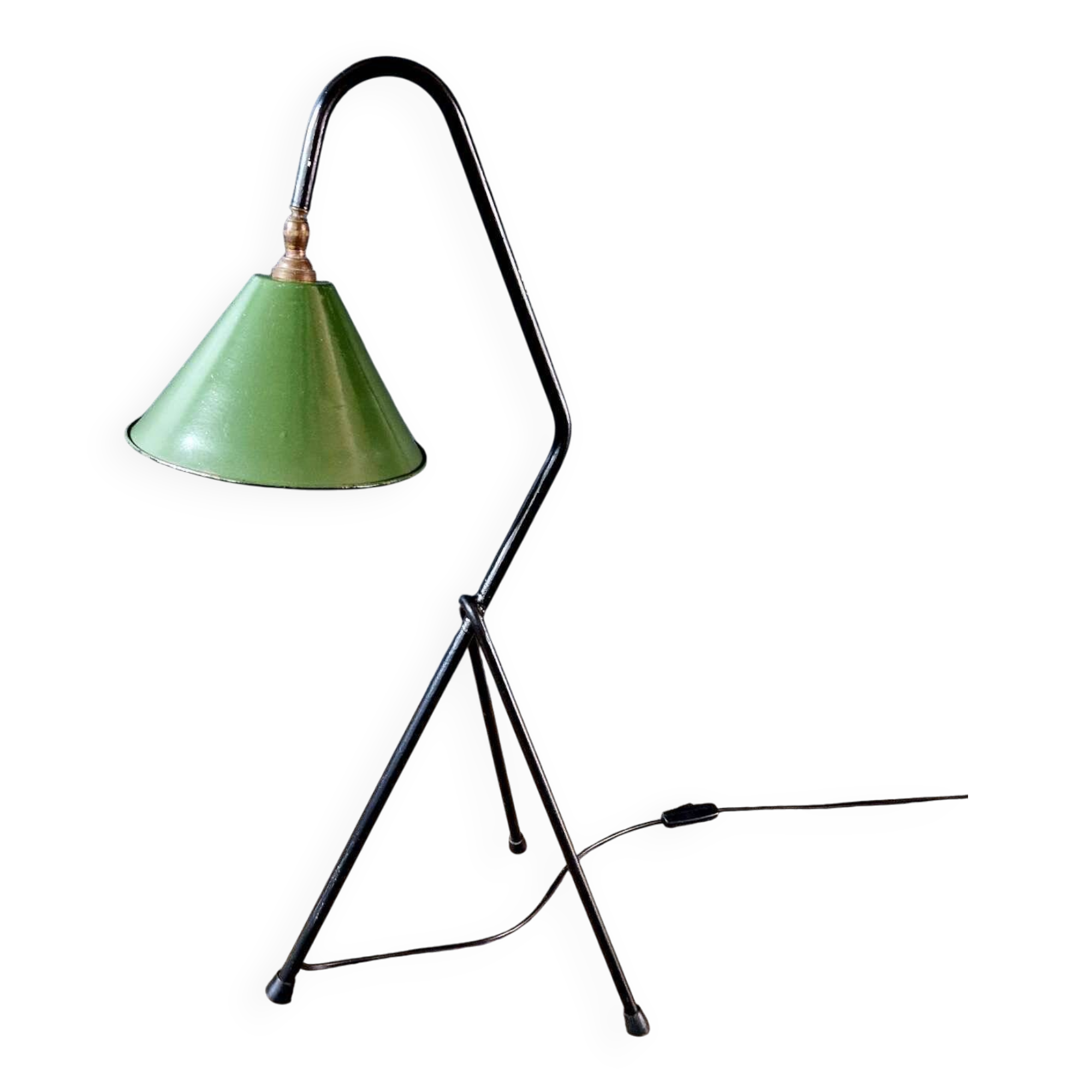 Industrial floor lamp in black lacquered metal and green enamelled sheet metal