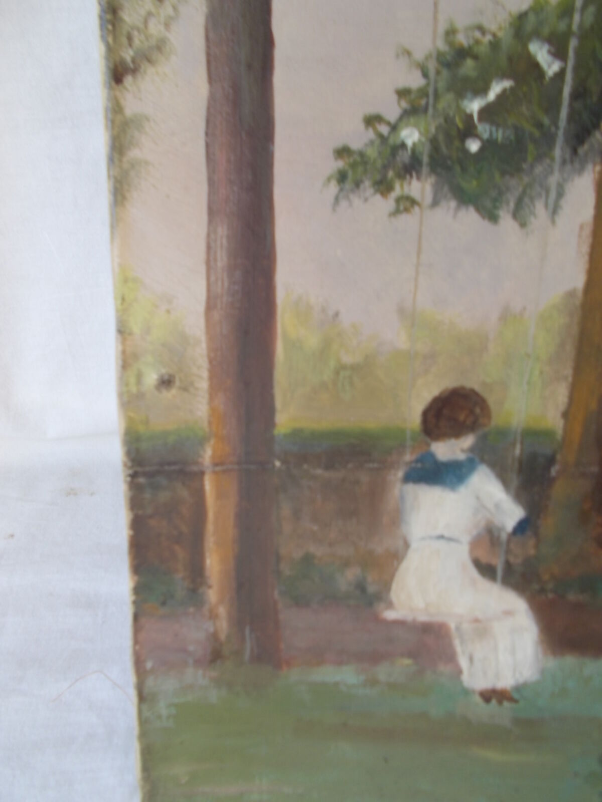 Painting oil on ancient canvas from 1913 "lady on a swing"
