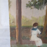 Huile sur toile ancienne  de 1913 "demoiselle sur une balançoire"