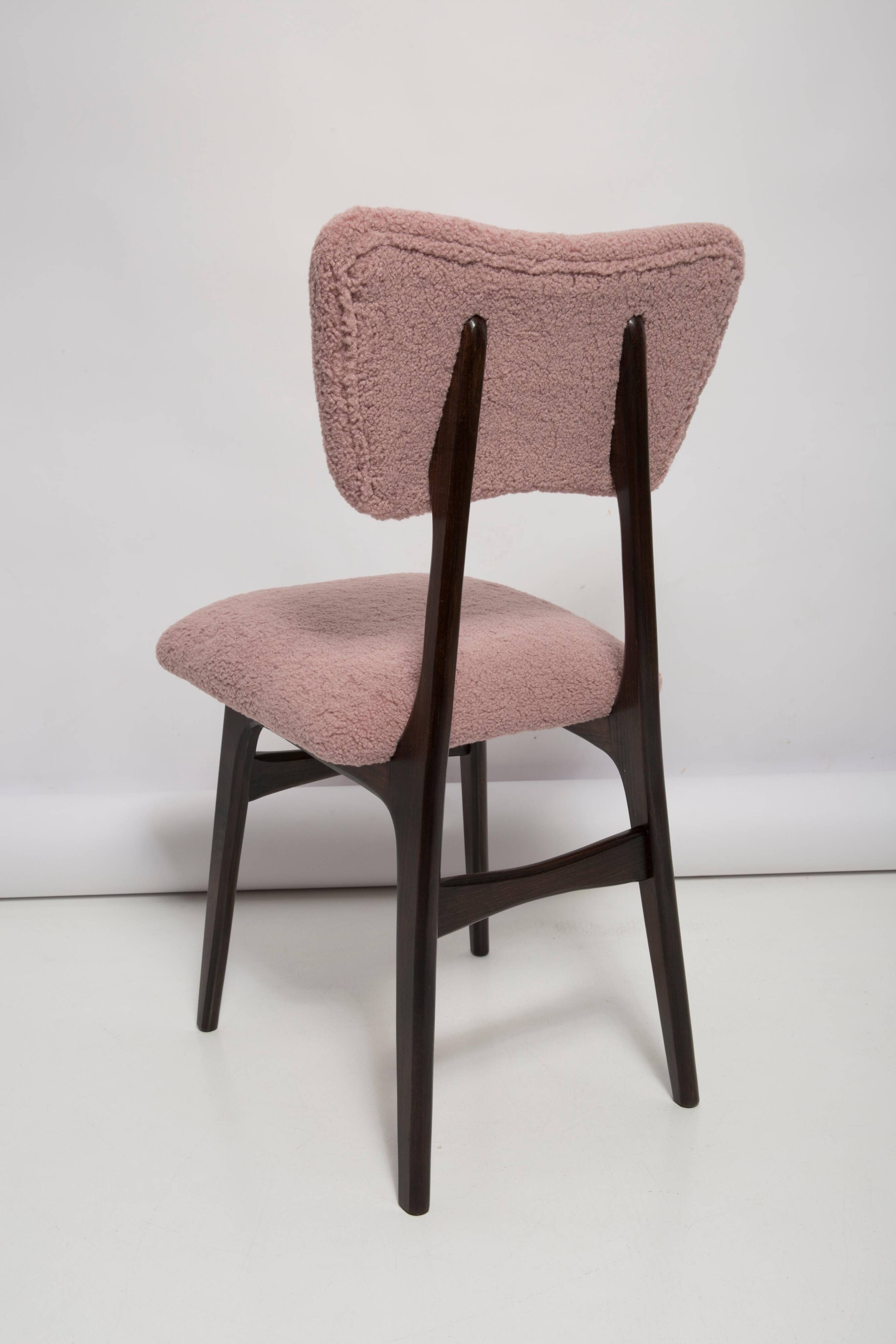 Mid-century "Butterfly" dining chair in pink boucle and walnut beech, Poland, 1960.