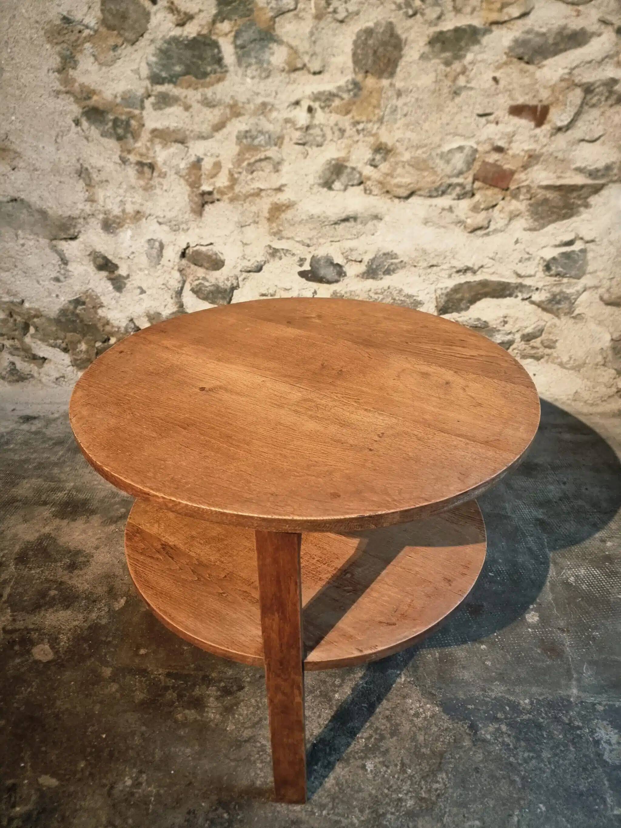 Vintage solid oak coffee table | 1930s round side table with shelf