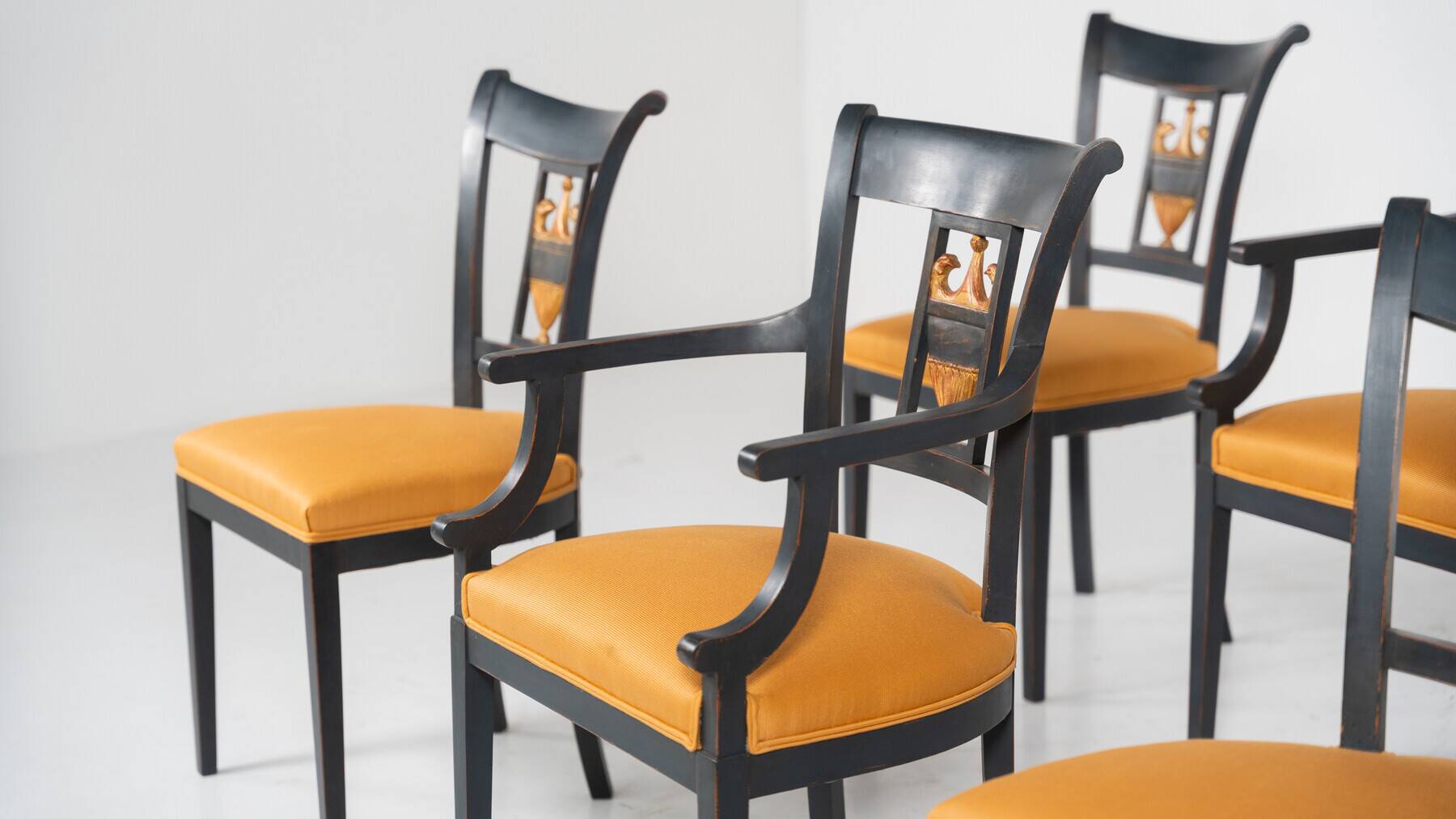 Set of 2 Black and Gold Armchairs and 4 Chairs, Empire style