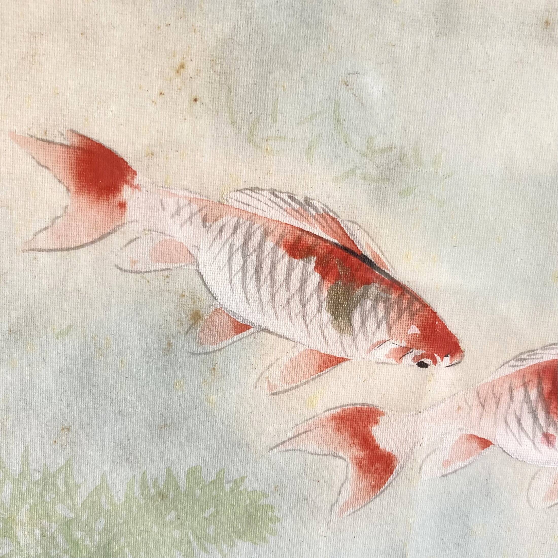 Small Japanese painting goldfish Okada vintage old watercolor