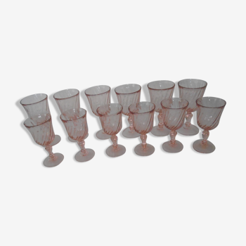 Set de 12 verres rosaline  Luminarc rose torsadé France -  6 H 14,5 cm & 6 H 12,5 cm