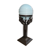 Lampe fer forgé opaline bleu 1920, 40x14