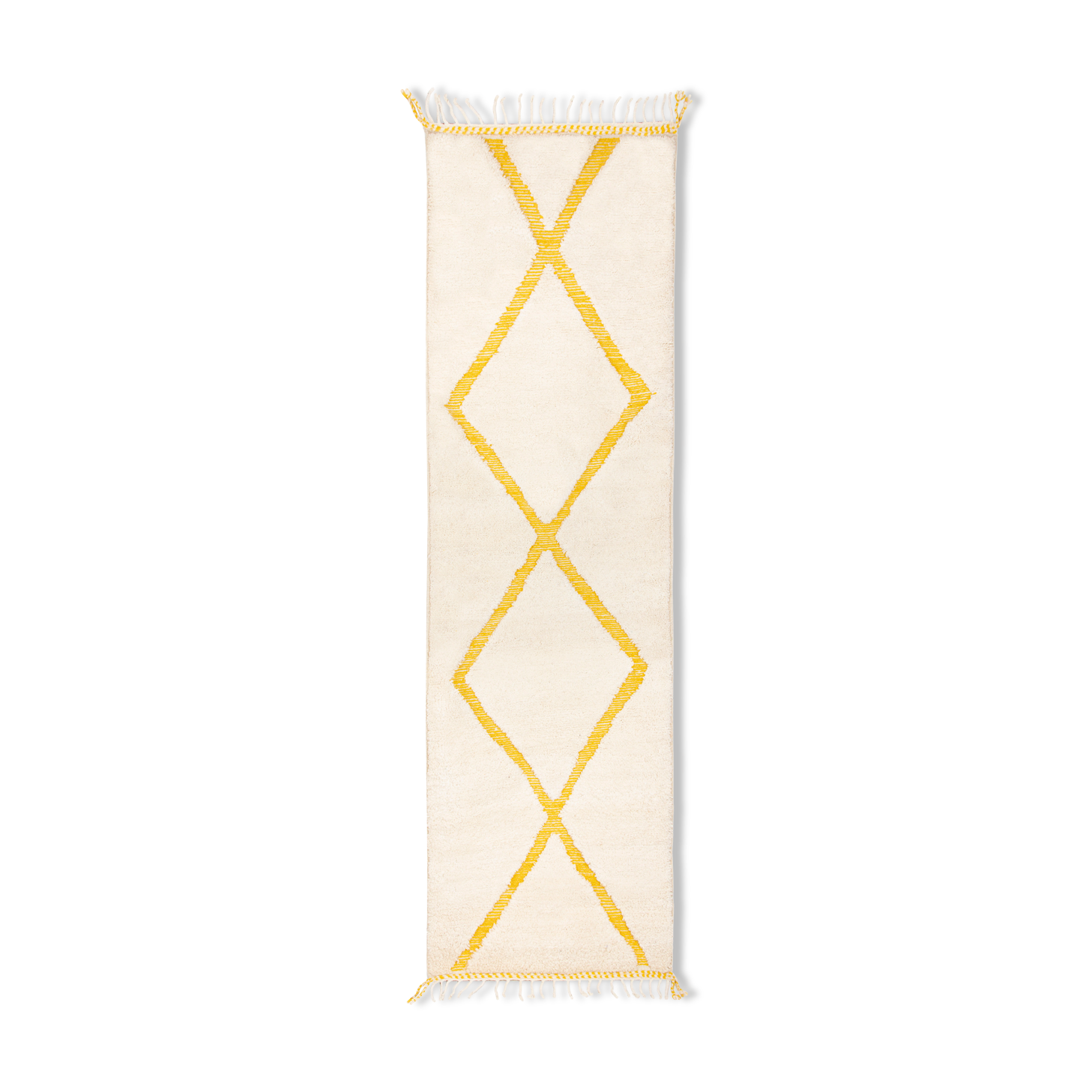 Berbere carpet beni ouarain ecru corridor with yellow diamonds in relief 294 x 88 cm