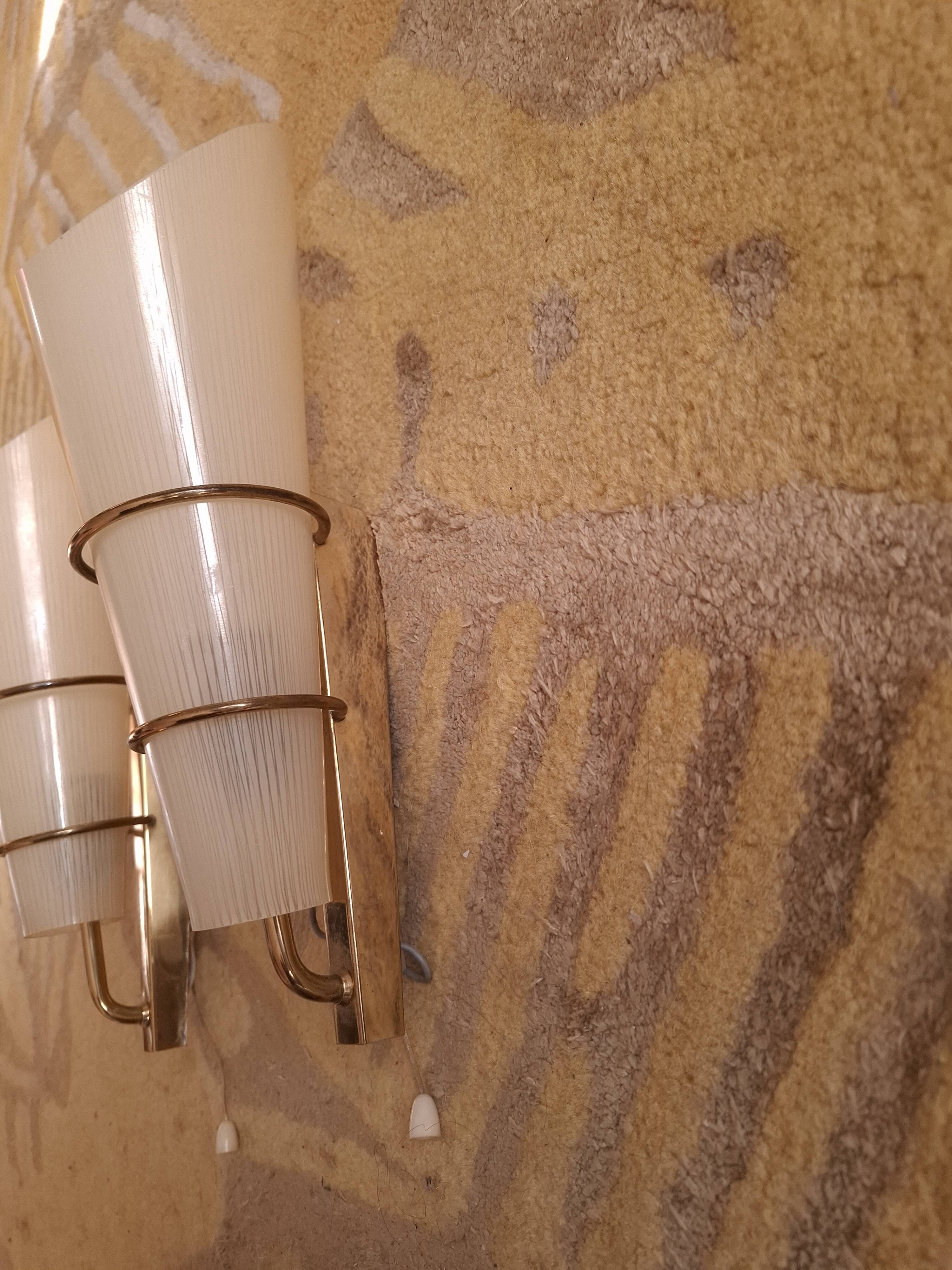 2 60's design wall lights in italian brass and glass