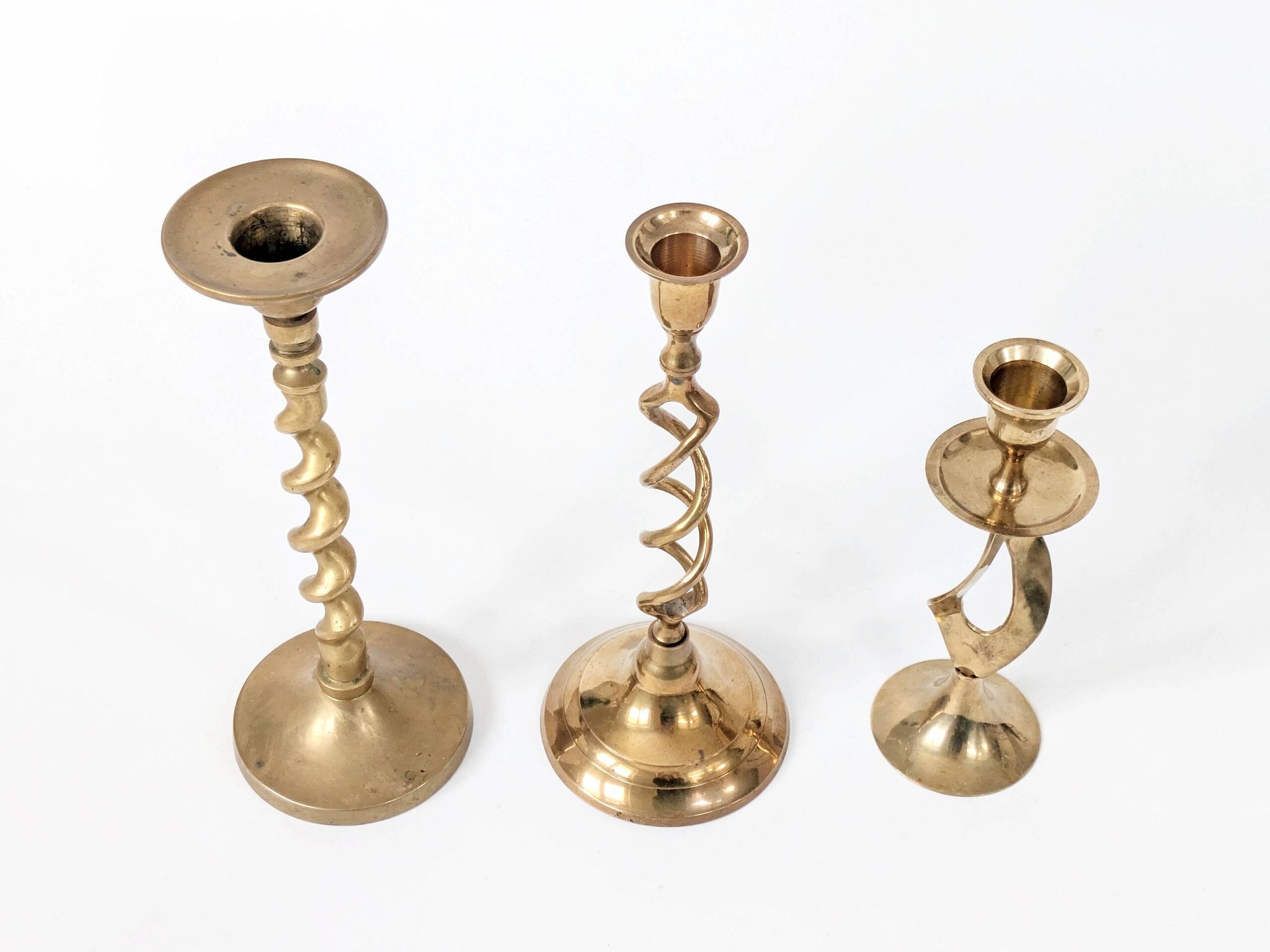 Set of 3 Vintage Twisted Brass Candle Holders, Midcentury