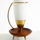 Large 1950s table lamp made of brass and teak, with a frosted glass shade