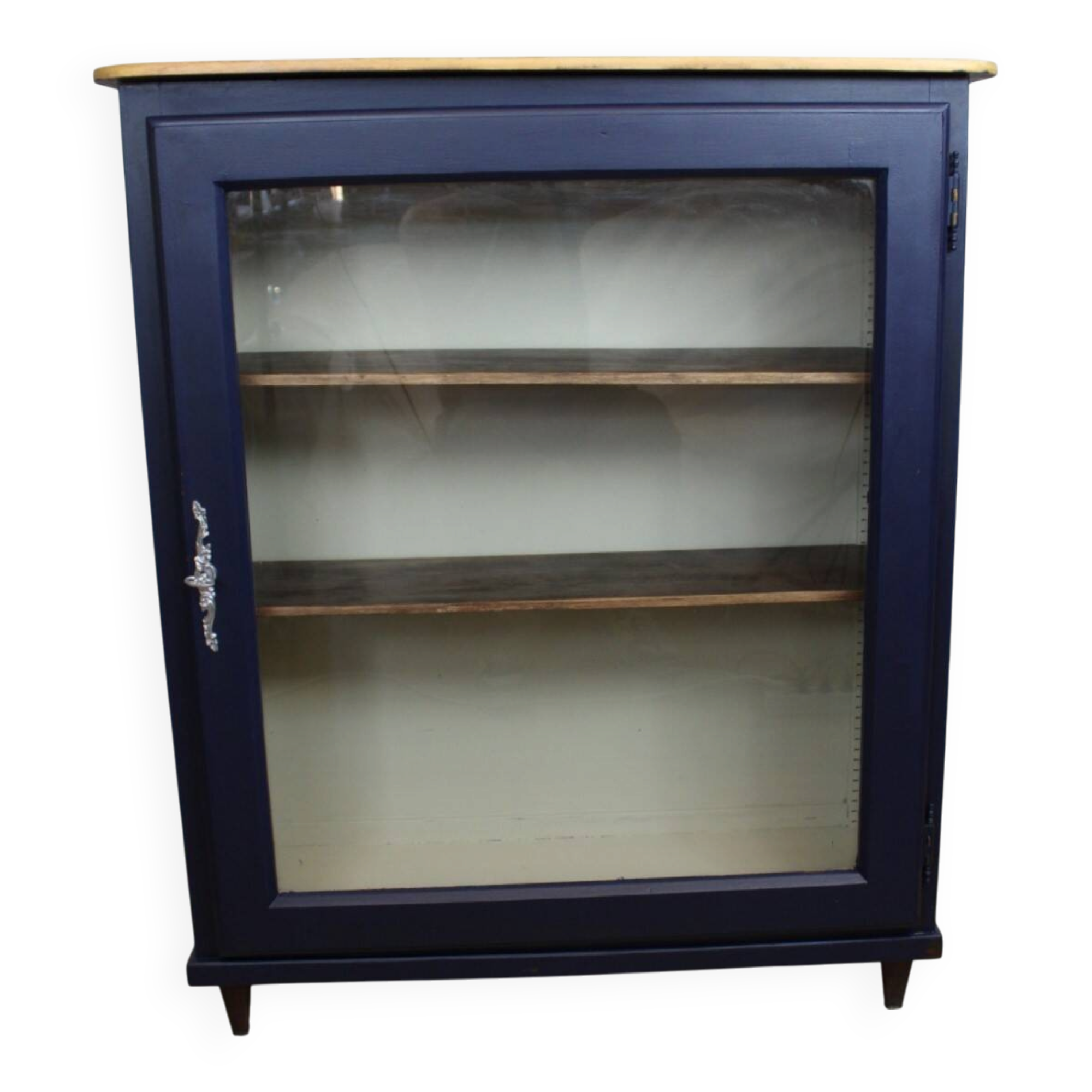 Vintage low glass-fronted library in midnight blue, 1950s.
