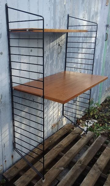 Vintage modular desk shelf in Teak veneer and black metal, Nisse Strinning, 60s