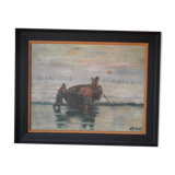 Old signed painting depicting fishermen