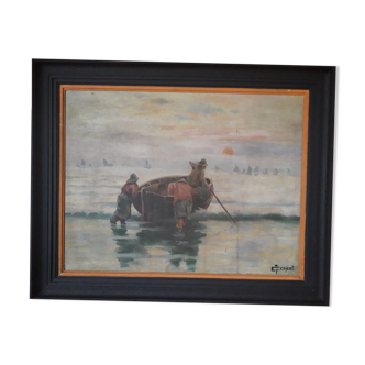 Old signed painting depicting fishermen