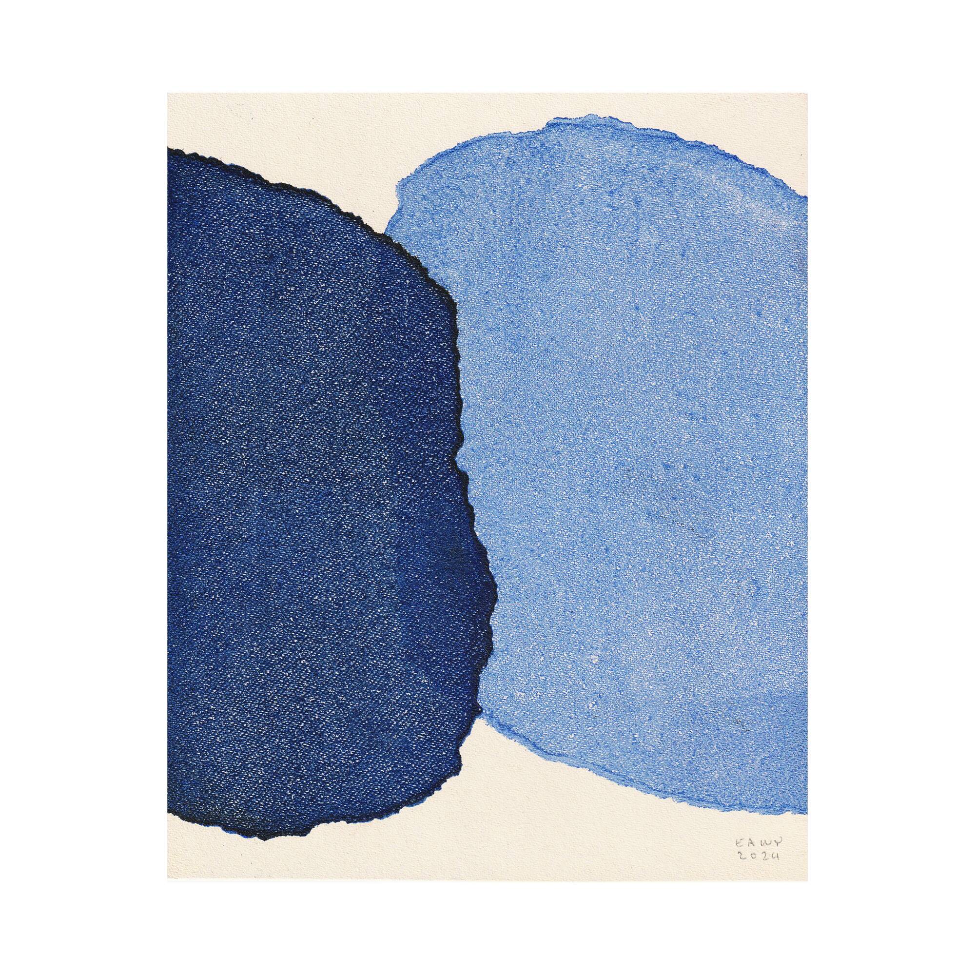 Peinture abstraite sur papier bleu signée Eawy