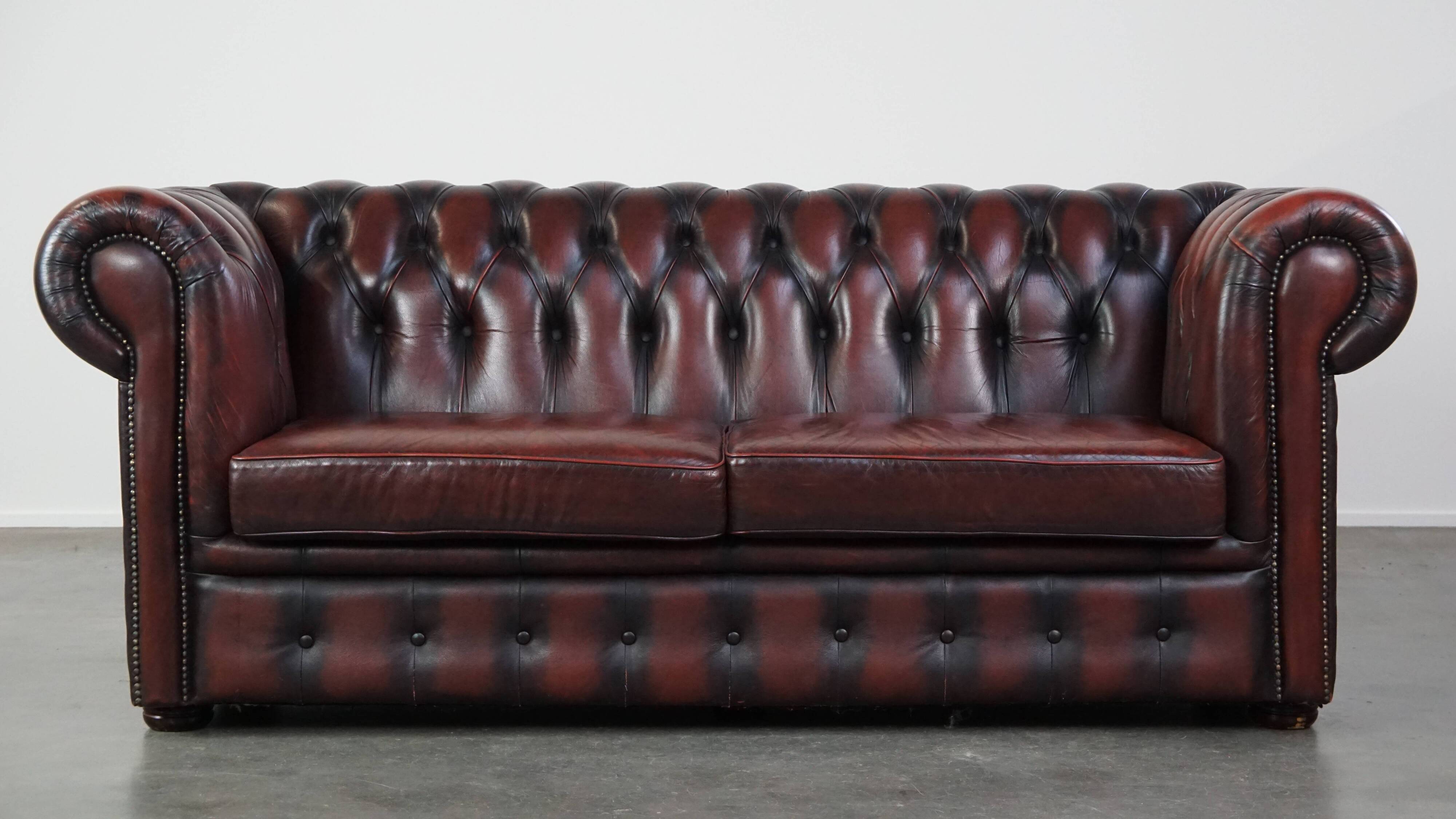 2.5-seater Chesterfield sofa in dark red flamed cowhide leather