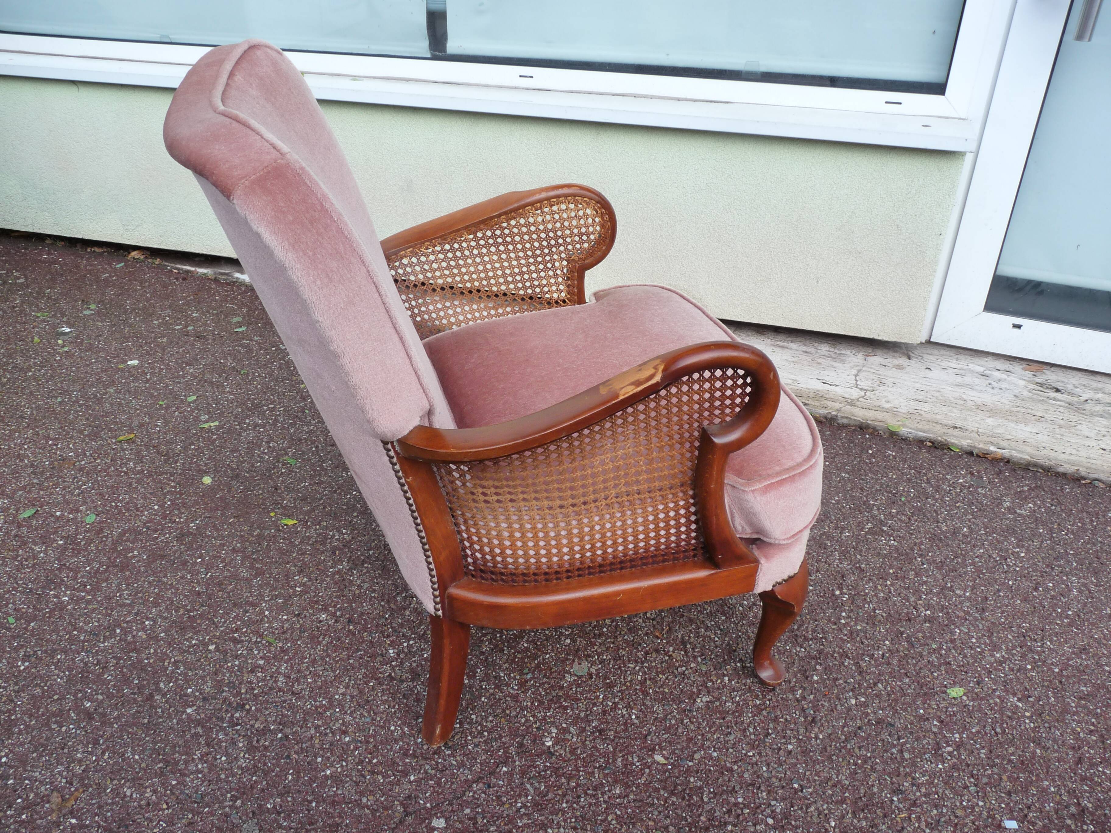 fauteuil bois velours rose cannage - cocktail