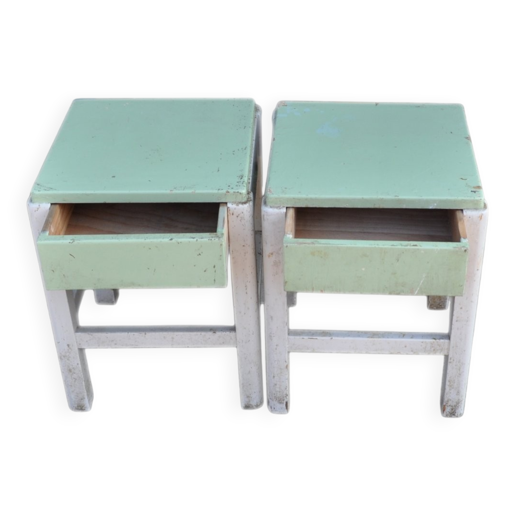 Pair of green and white painted pine stools with drawer, 1940s industrial vintage.