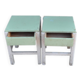 Pair of green and white painted pine stools with drawer, 1940s industrial vintage.