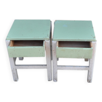 Pair of green and white painted pine stools with drawer, 1940s industrial vintage.
