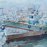 Watercolor painting signed Dornier (?) "Boats at the port of Vuaros" Spain