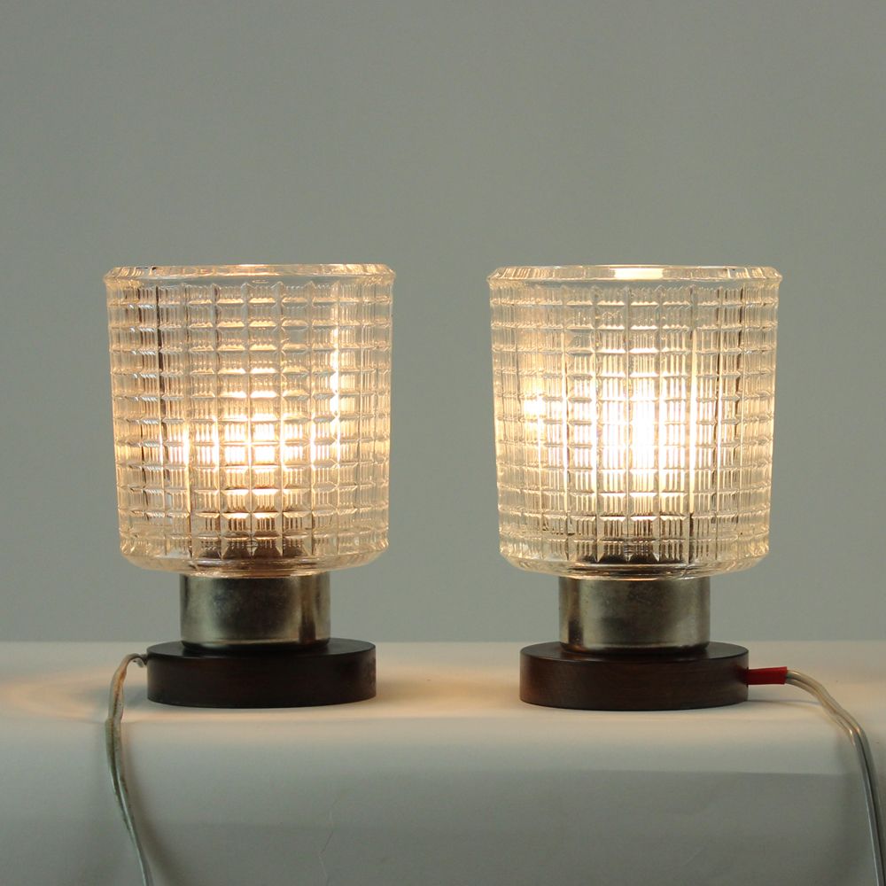 Set of 2 table lamps in glass and wood, Czechoslovakia 1960s