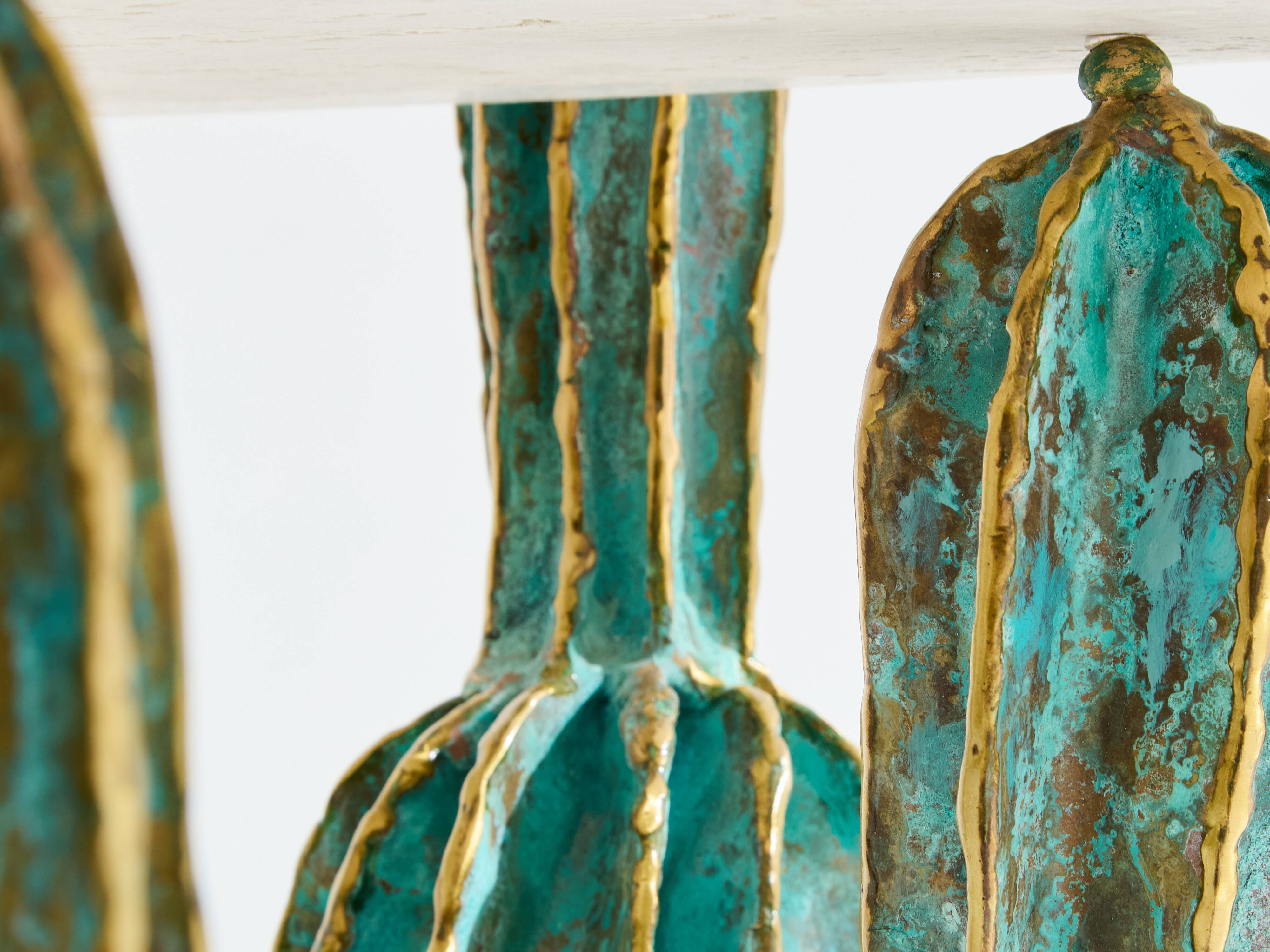 Brass cactus and parrot sculpture console Alain Chervet 1989