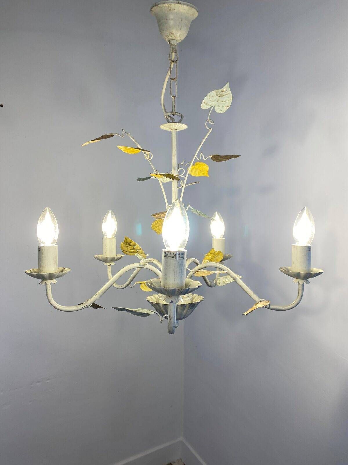 Vintage painted metal chandelier, foliage and flowers, 5 lights.