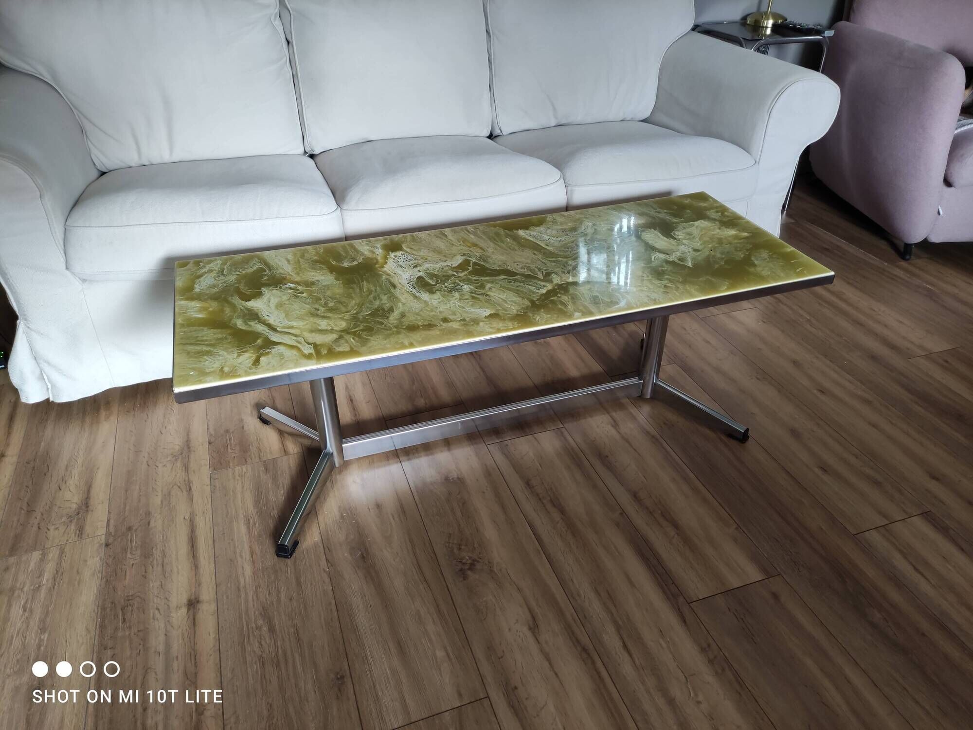 Vintage coffee table 70s chrome base and top resin effect marble green water