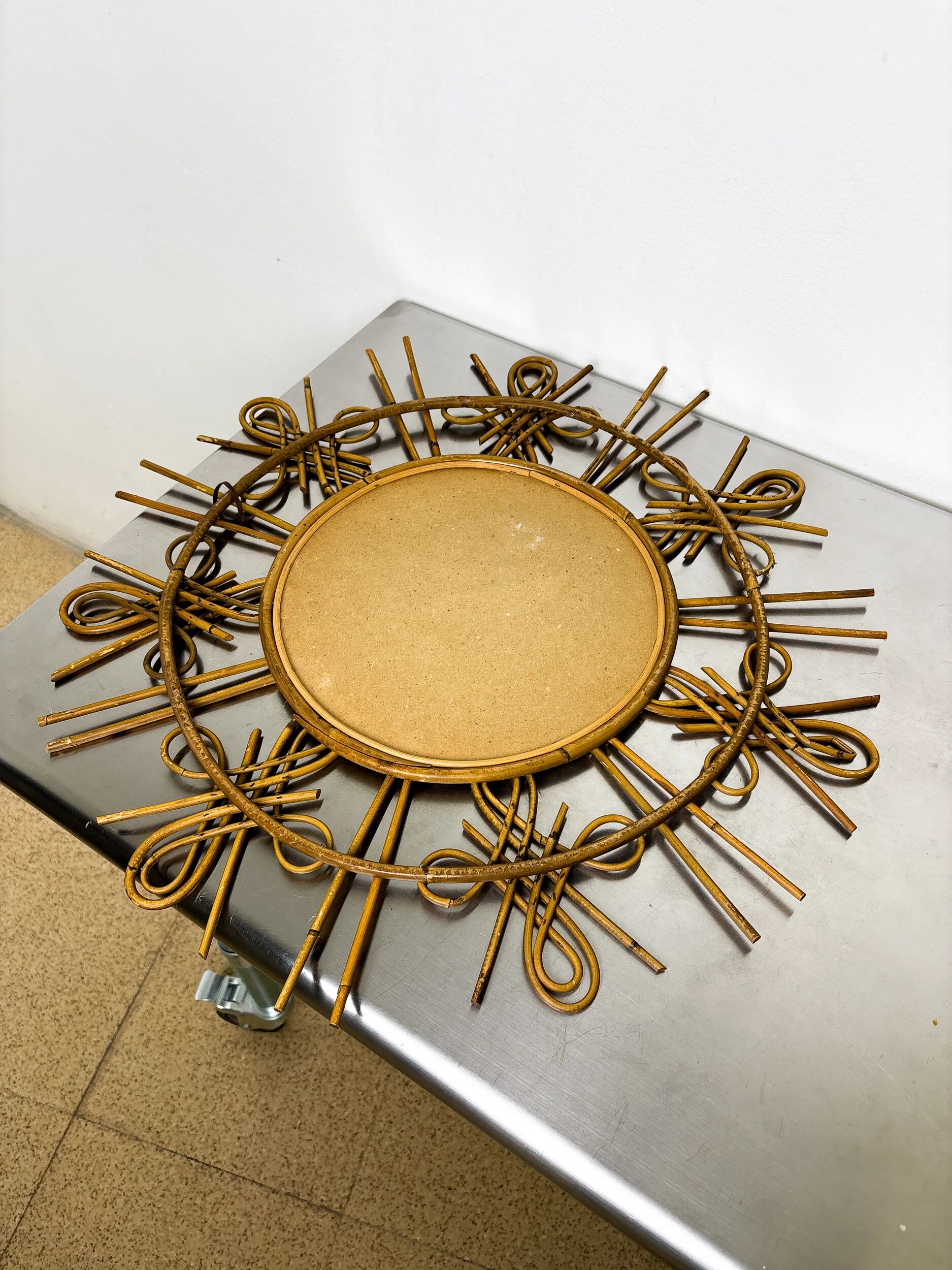 Rattan sunburst mirror with chinoiserie motif, Spain, 1950s