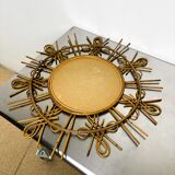 Rattan sunburst mirror with chinoiserie motif, Spain, 1950s