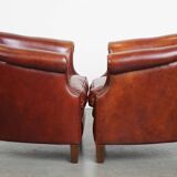 Set of 2 Cognac-Colored Cowhide Leather Club Chairs with Matching Ottoman