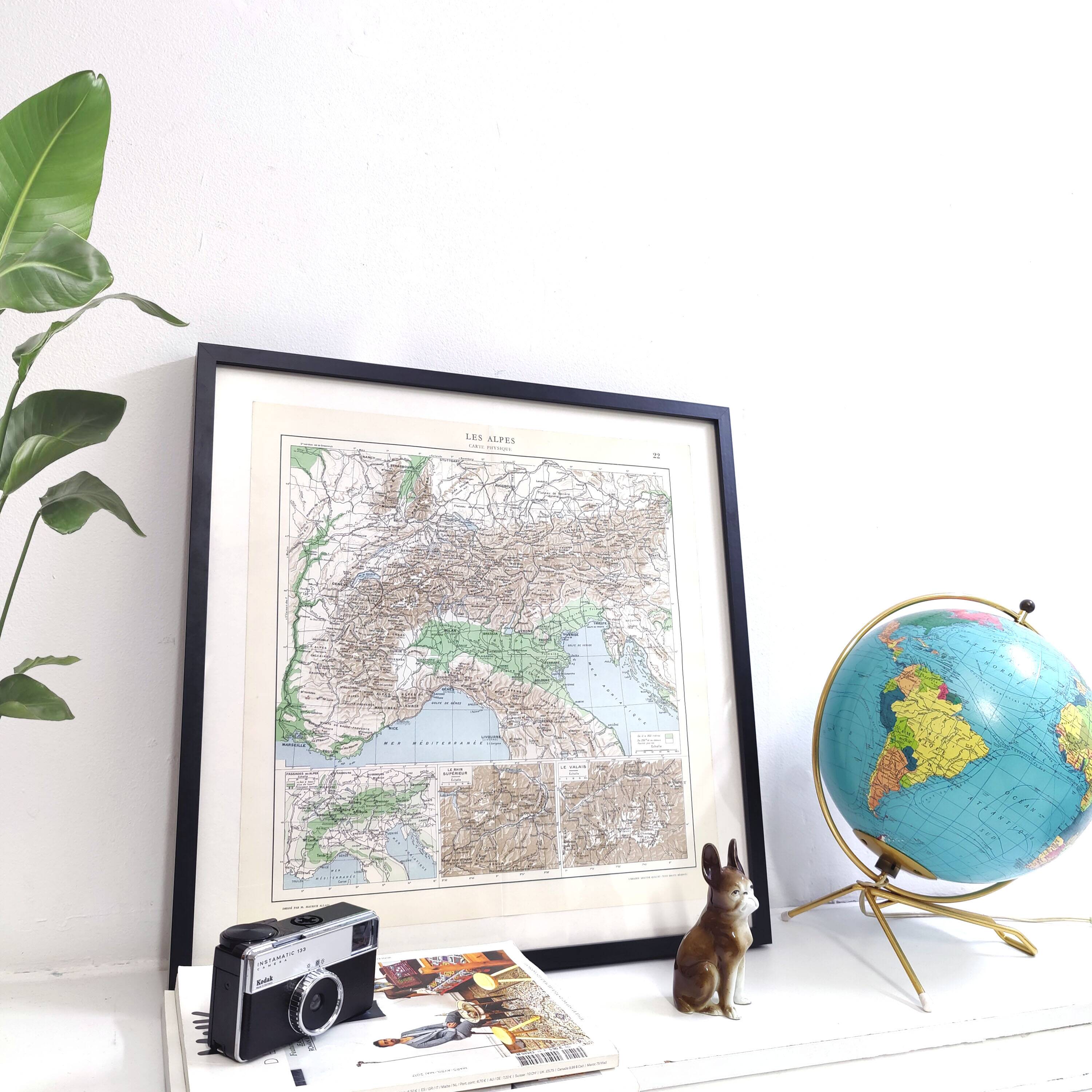 Vintage Europe Alps mountains map from 1950