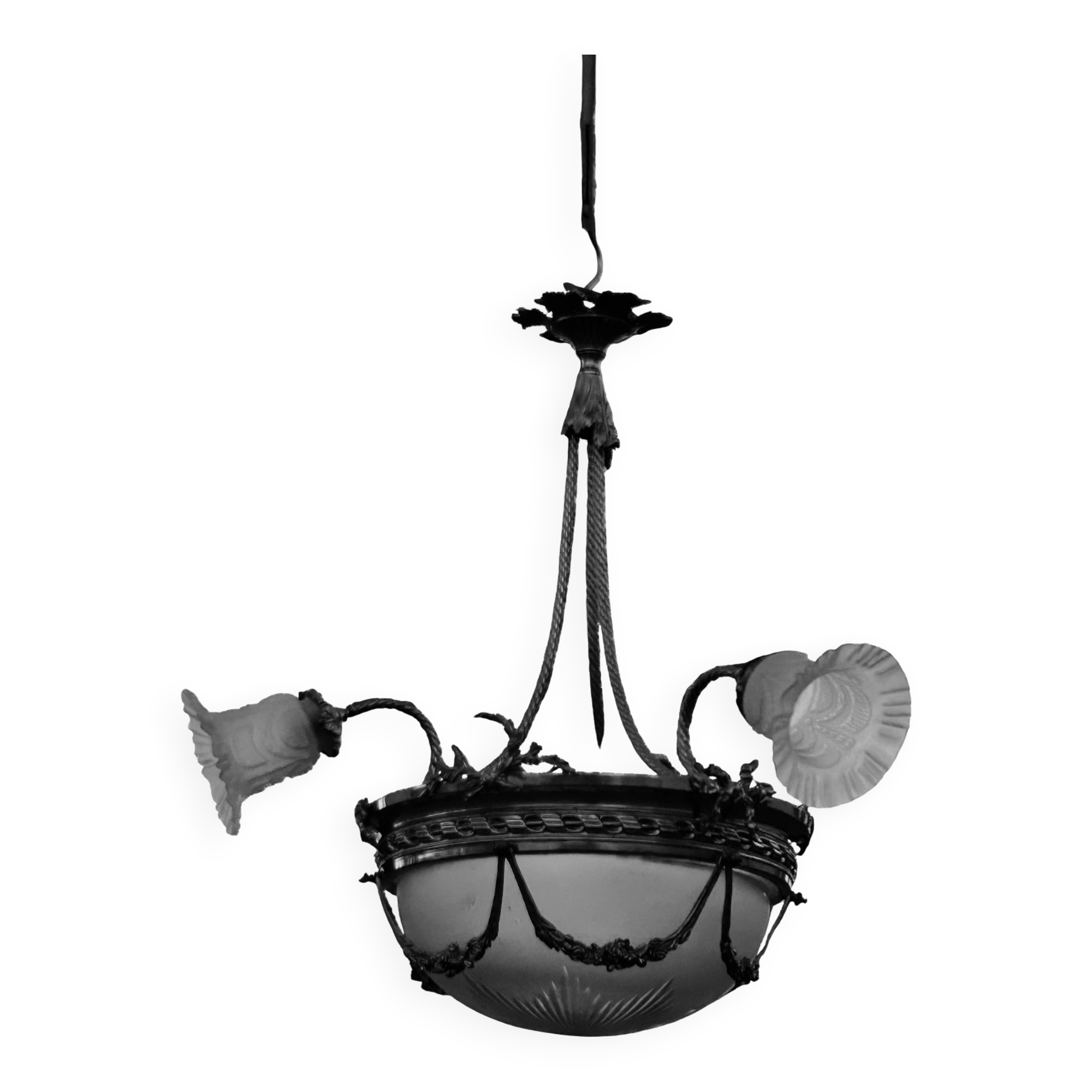 Superbe lustre Bronze Art Déco mélange de style, vers 1930/50, 3 branches 4