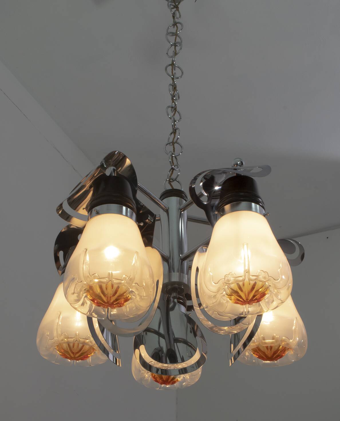 Mazzega Mid-Century Modern Italian Murano Glass and Steel Chandelier, 1970s