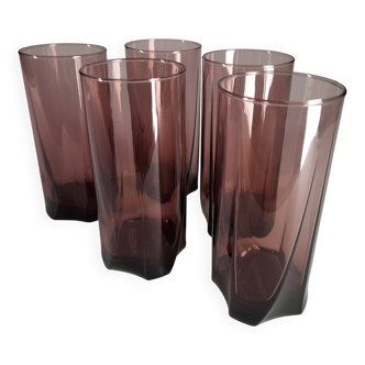 Set of 5 water/juice glasses, vintage smoked purple