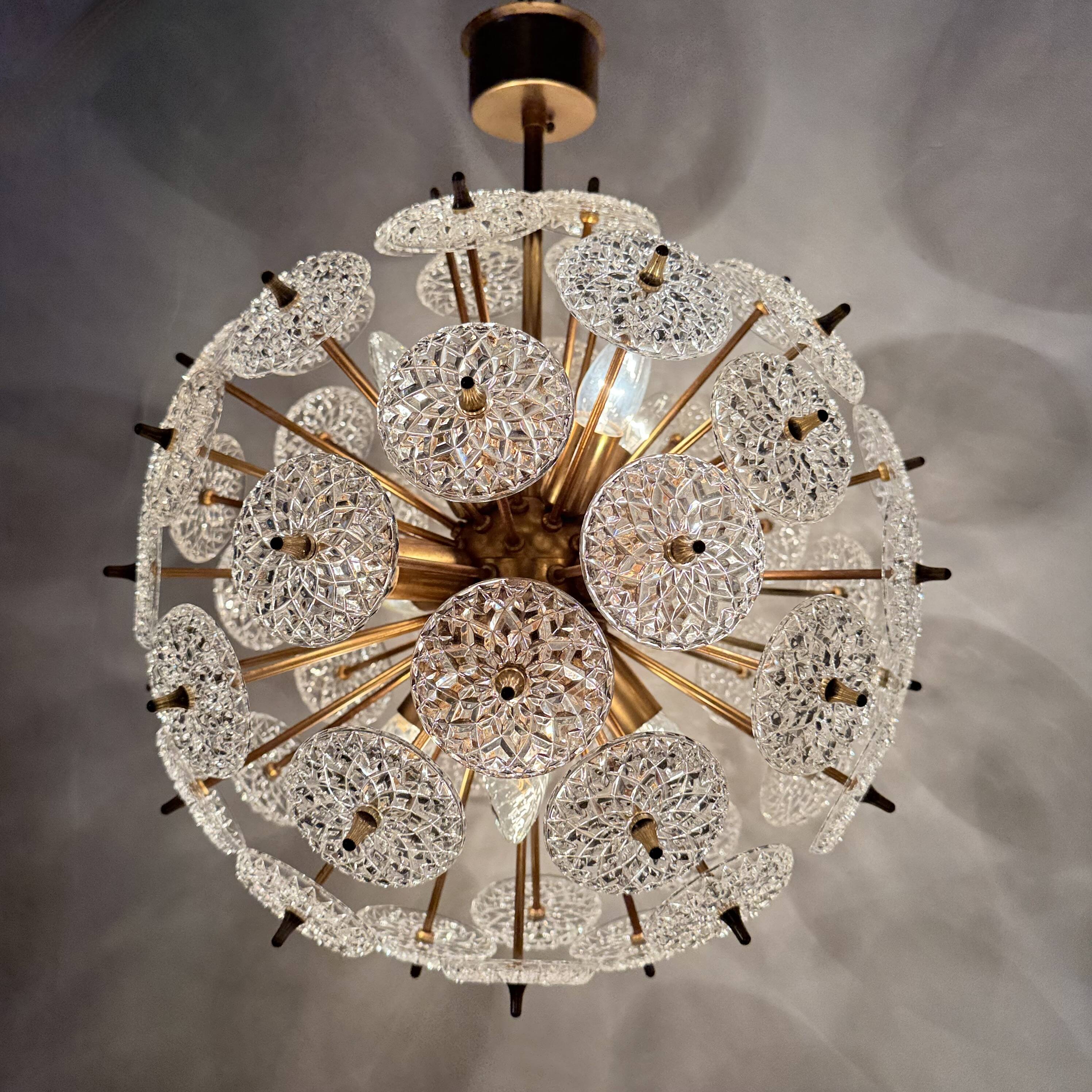 Val Saint Lambert crystal sputnik gold chandelier , 1960’s