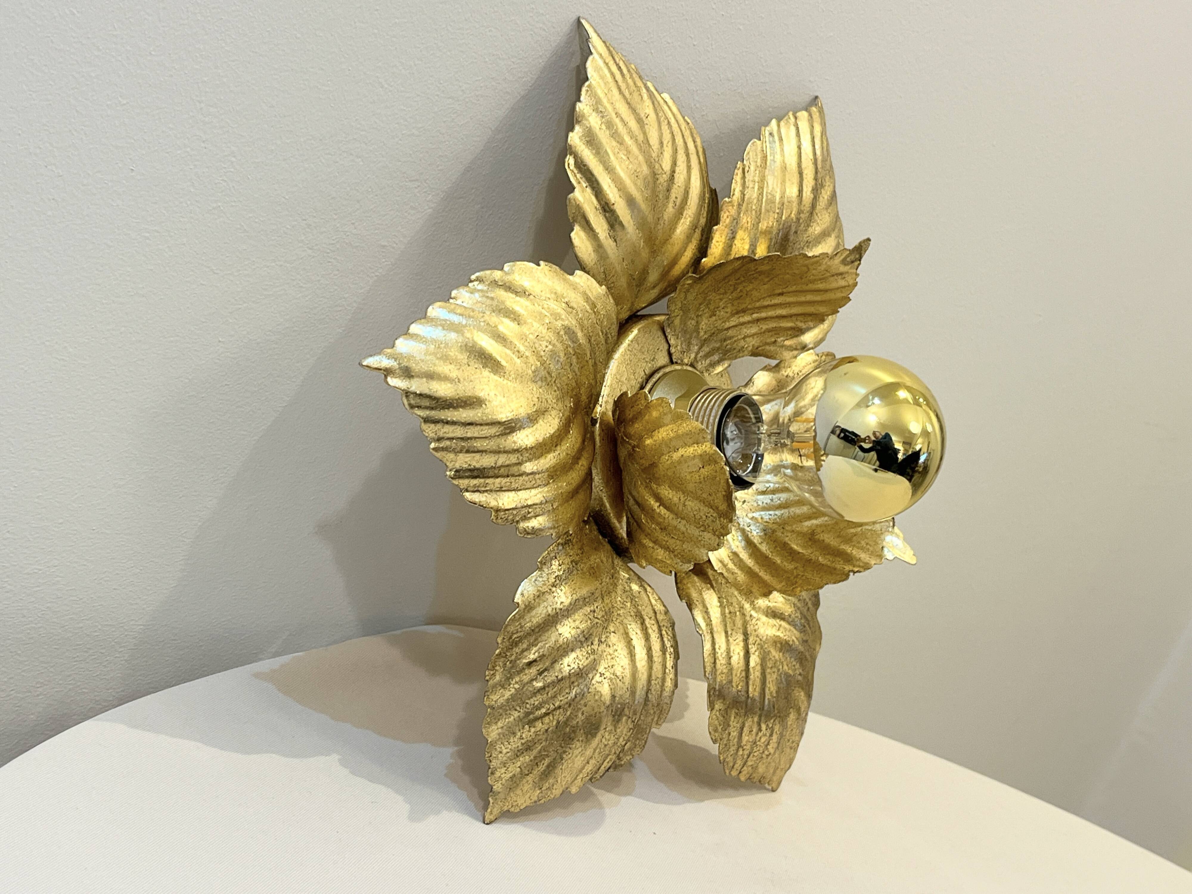 Masca 1970s 1980s Hollywood Regency Gold Leaf Metal Flower Wall Sconce