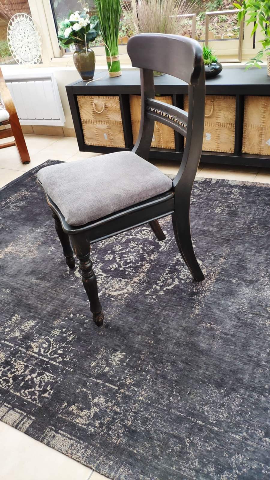 Table set and 6 solid pine chairs repainted and patinated black