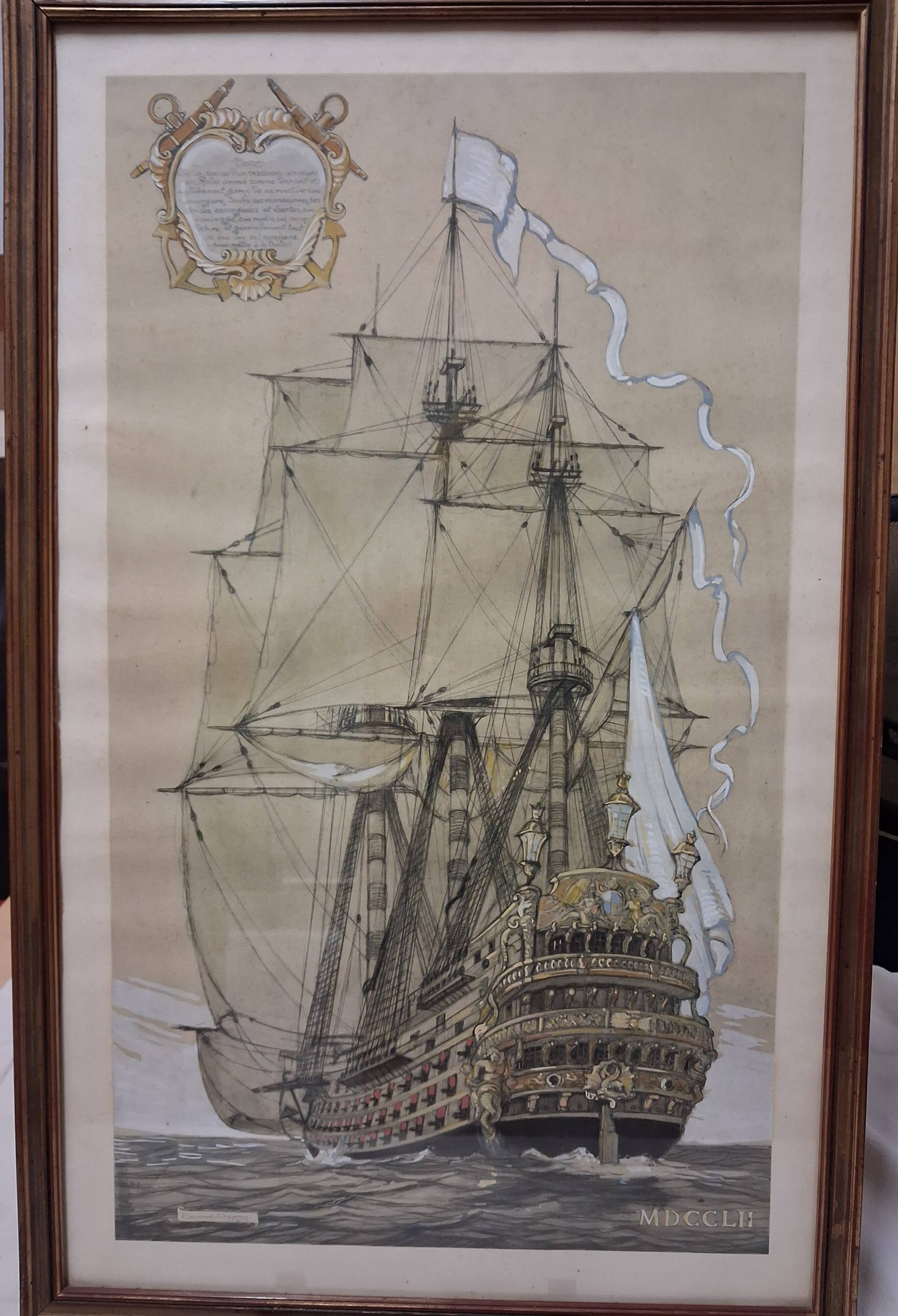 Drawing of an 18th-century ship, enhanced impression with gouache, Durand-Chapron.