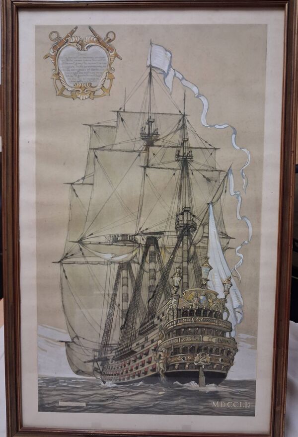 Dessin vaisseau du XVIIIe, impression réhaussée de gouache , Durand-Chapron