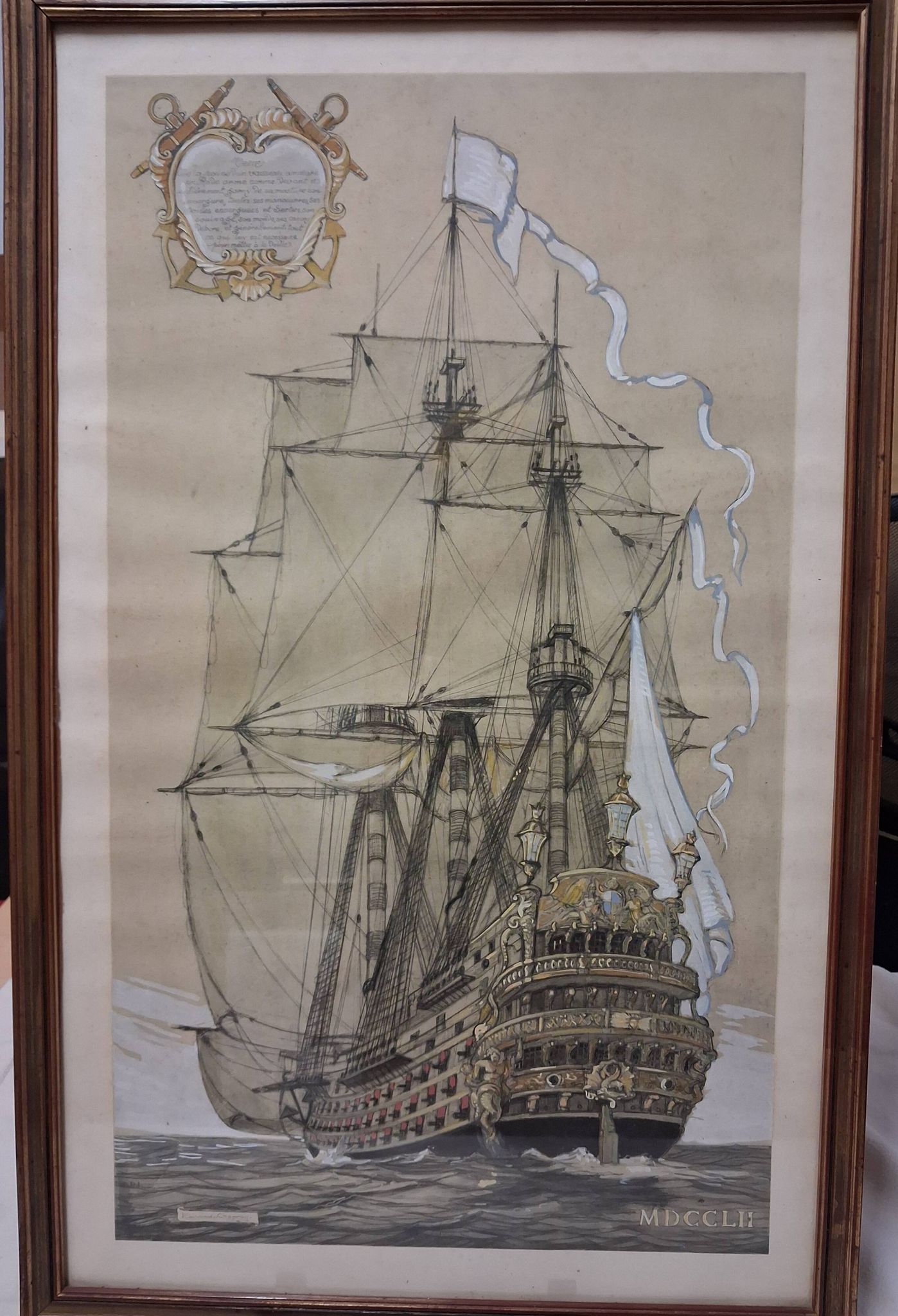 Drawing of an 18th-century ship, enhanced impression with gouache, Durand-Chapron.