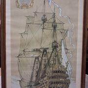 Drawing of an 18th-century ship, enhanced impression with gouache, Durand-Chapron.