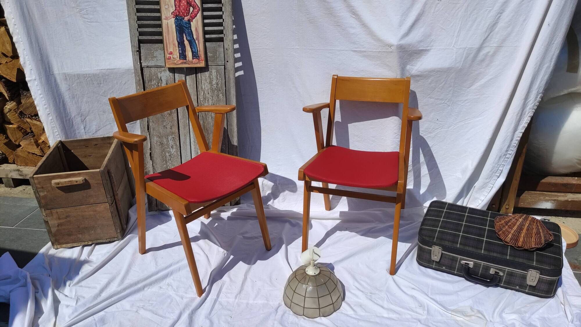 Pair of wooden armchairs and skaï foot compass of the 50s