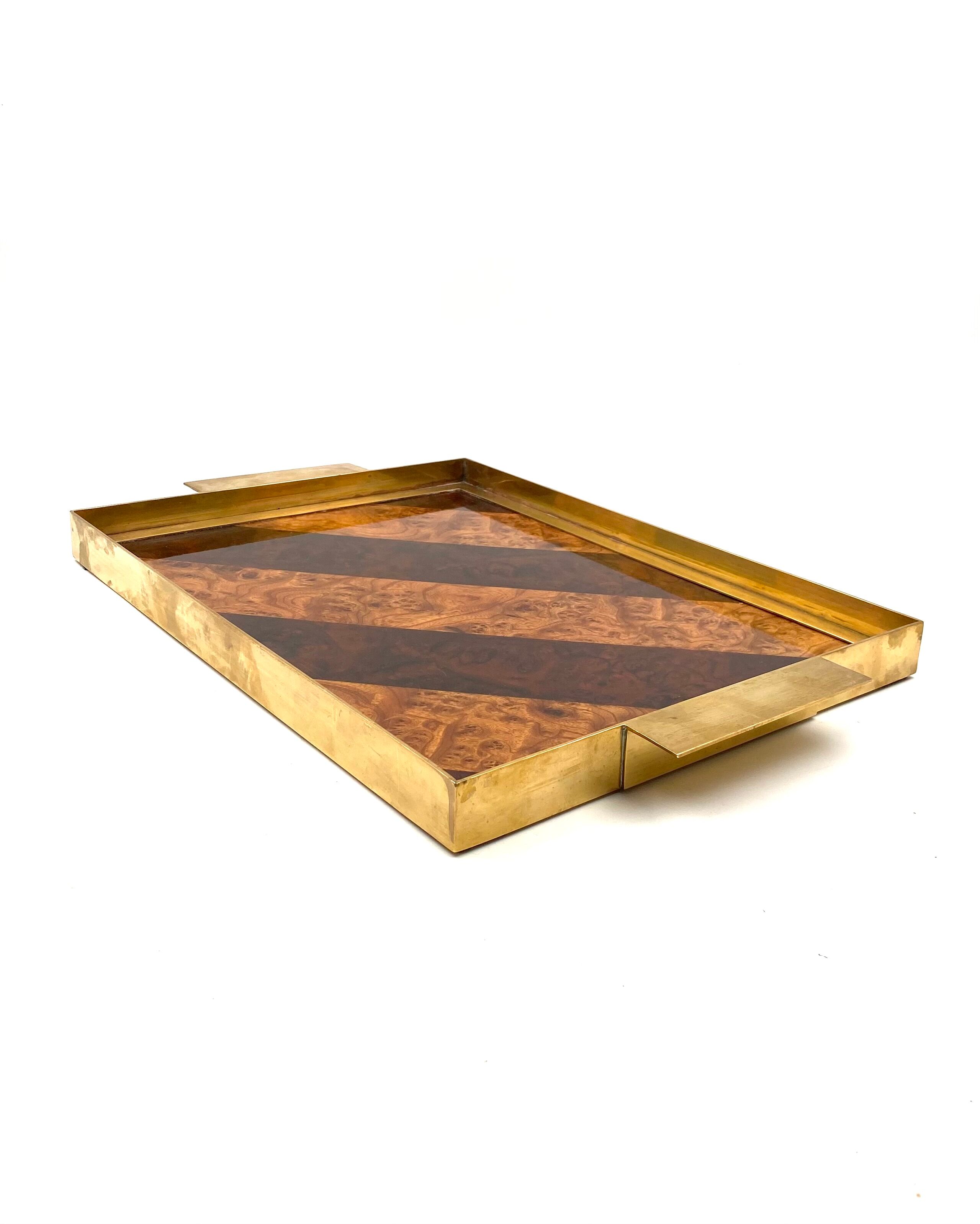 Brass and inlaid woods tray, italy 1970s